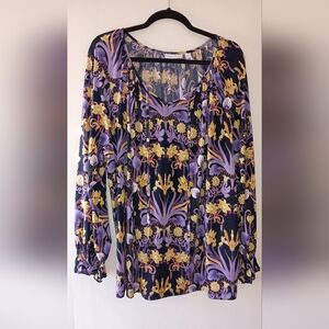 Susan Graver Liquid Knit Purple and Yellow Floral Blouse